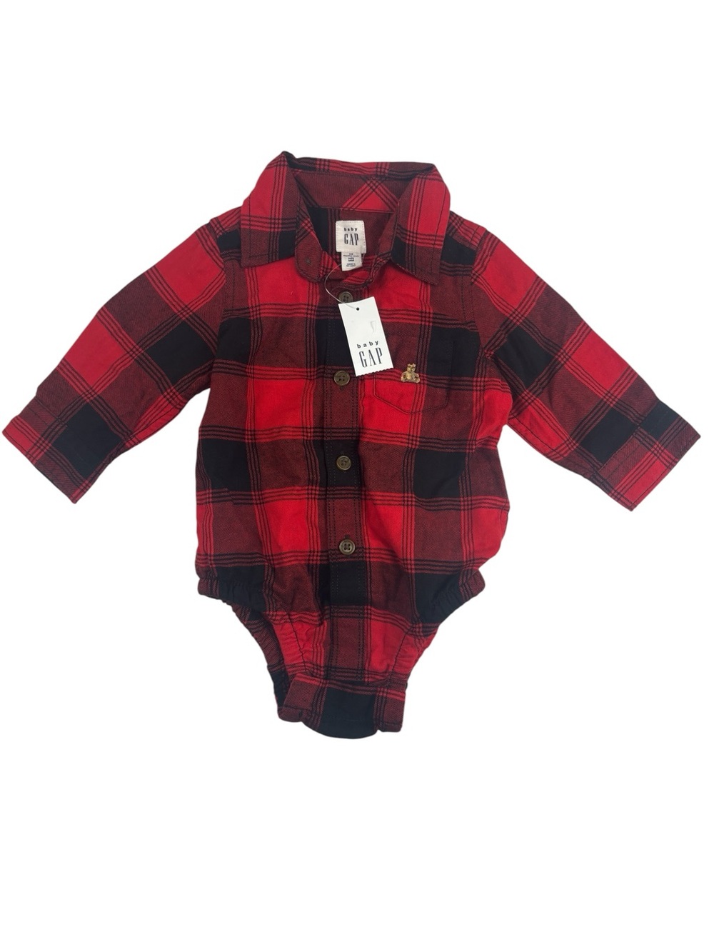 Baby GAP Red Black Buffalo Plaid One-Piece Shirt Bodysuit with Snaps Size 3-6M